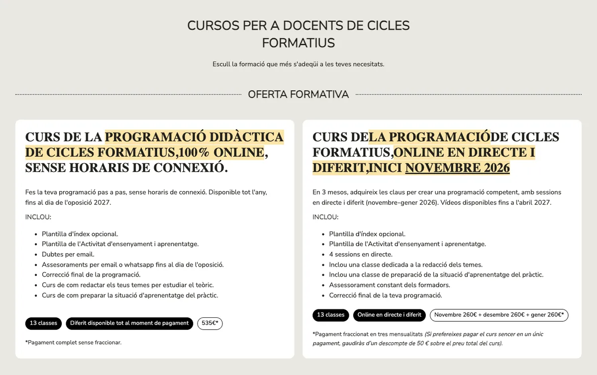Oferta formativa de la web actual de FPCat