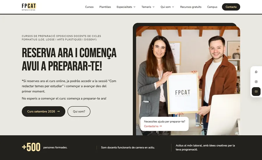 Portada del rediseño de FPCat en el entorno de pruebas: fondo gris, titular en Bebas Neue, foto de los dos socios y botón de tinta