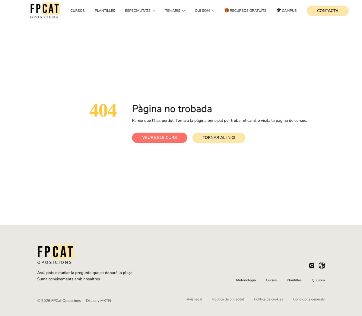 Página 404 de la web actual de FPCat, con un mensaje de página no encontrada