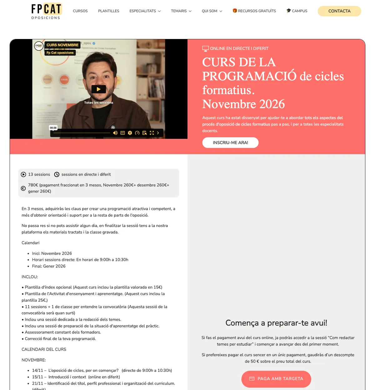 Ficha de curso de la web actual de FPCat: curso con vídeo, banda salmón y botón de inscripción