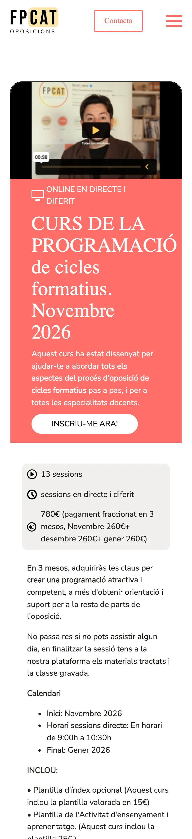 Ficha de curso de la web actual en móvil