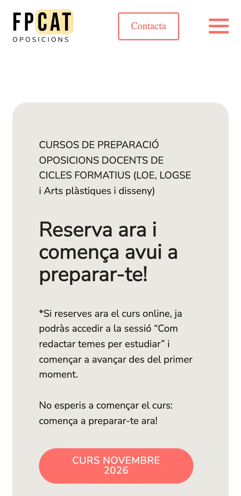 Portada de la web actual de FPCat en móvil: tarjeta gris con titular, botón salmón y cifras
