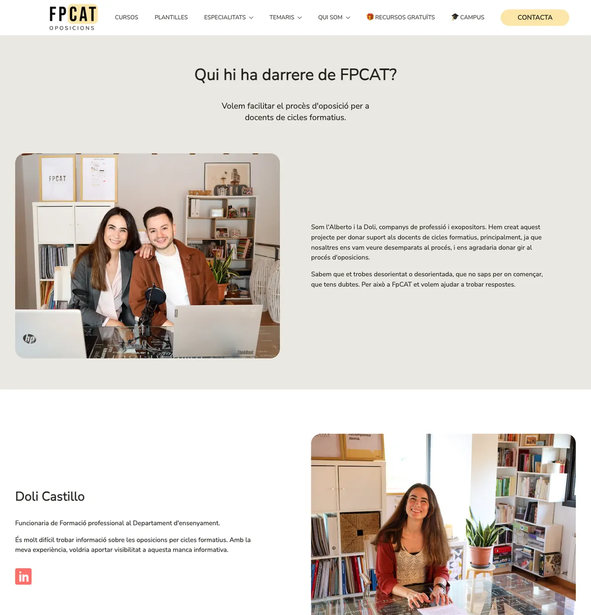 Página Qui som de la web actual de FPCat: banda groc, titular y foto de los dos socios