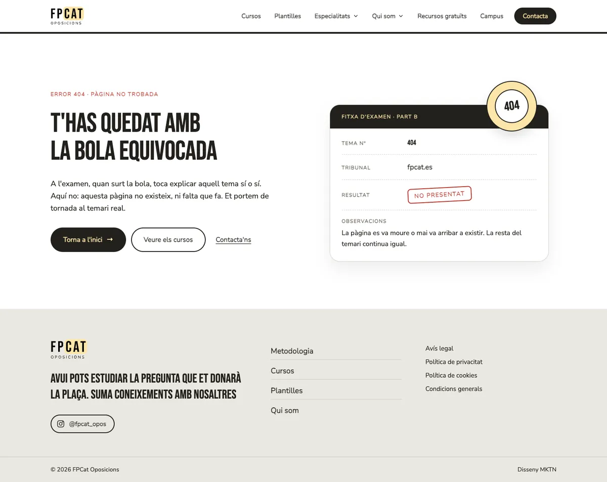 Página 404 del rediseño de FPCat: la bola equivocada, con una ficha de examen