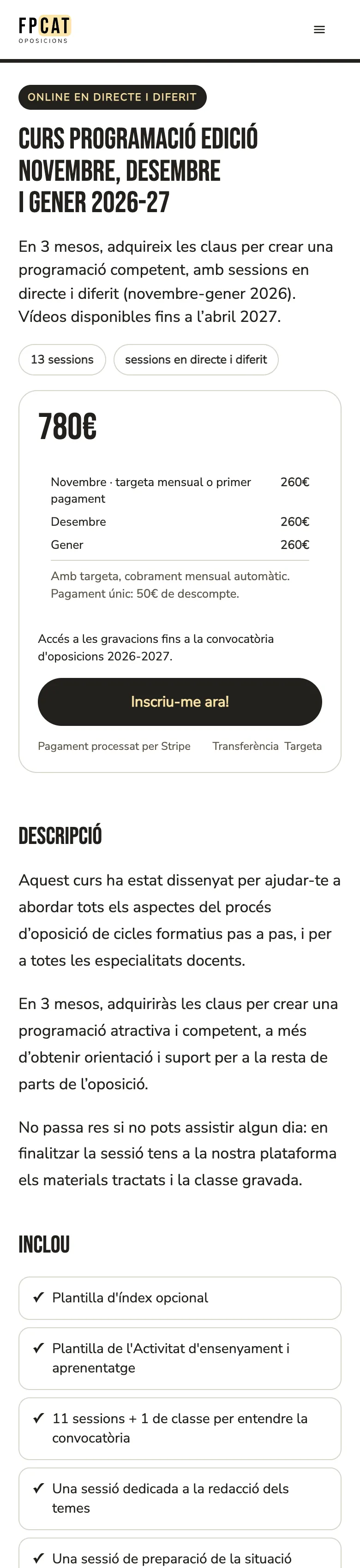 Ficha de curso del rediseño en móvil