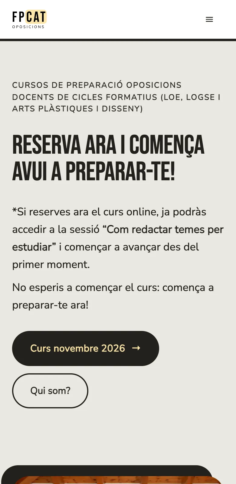 Portada del rediseño de FPCat en móvil: titular en Bebas Neue, botones de tinta y foto de los socios
