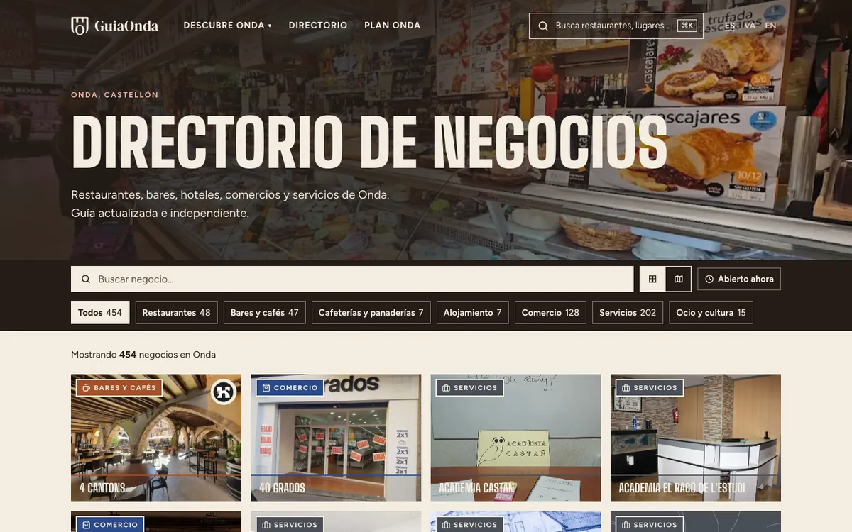 Directorio de negocios en el rediseño, con tarjetas de color por categoría