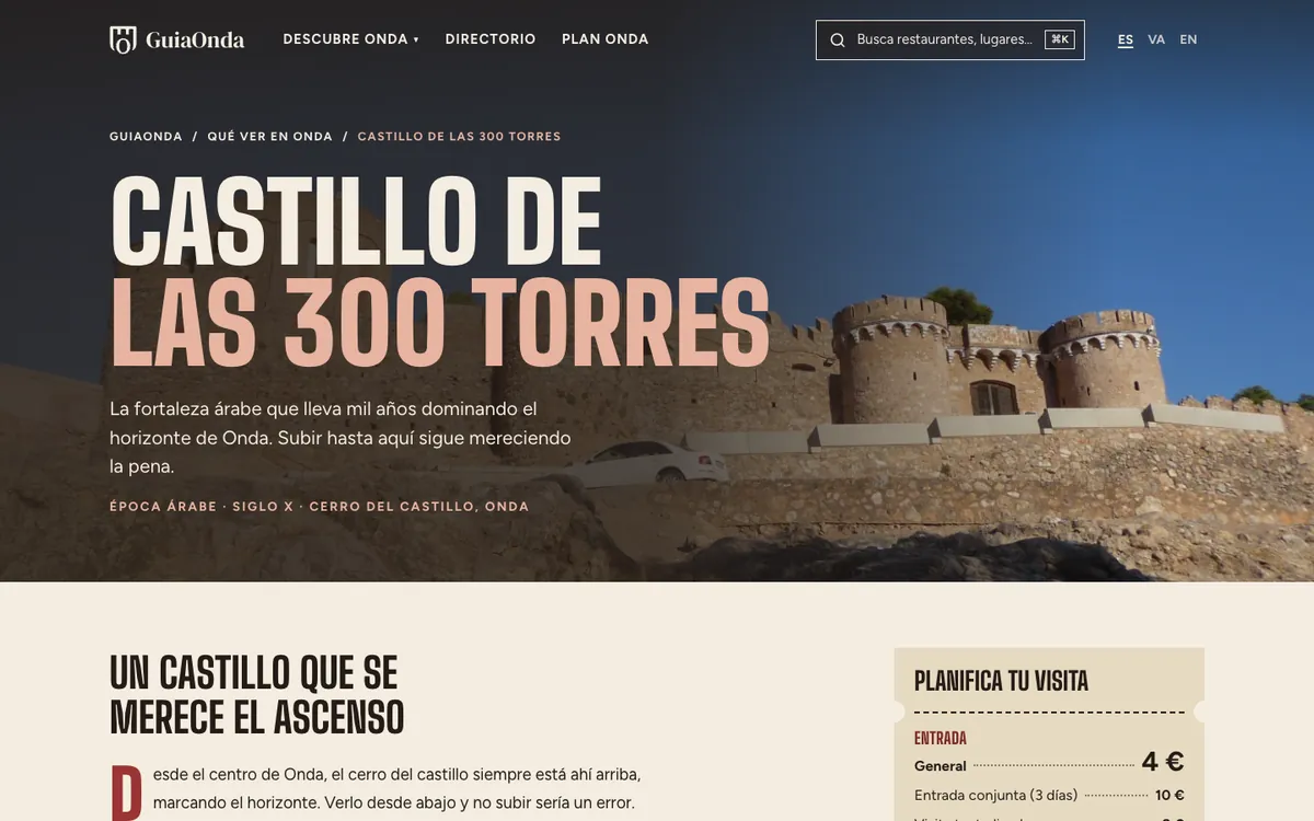 Ficha del Castillo de Onda en el rediseño, con el panel «Planifica tu visita»