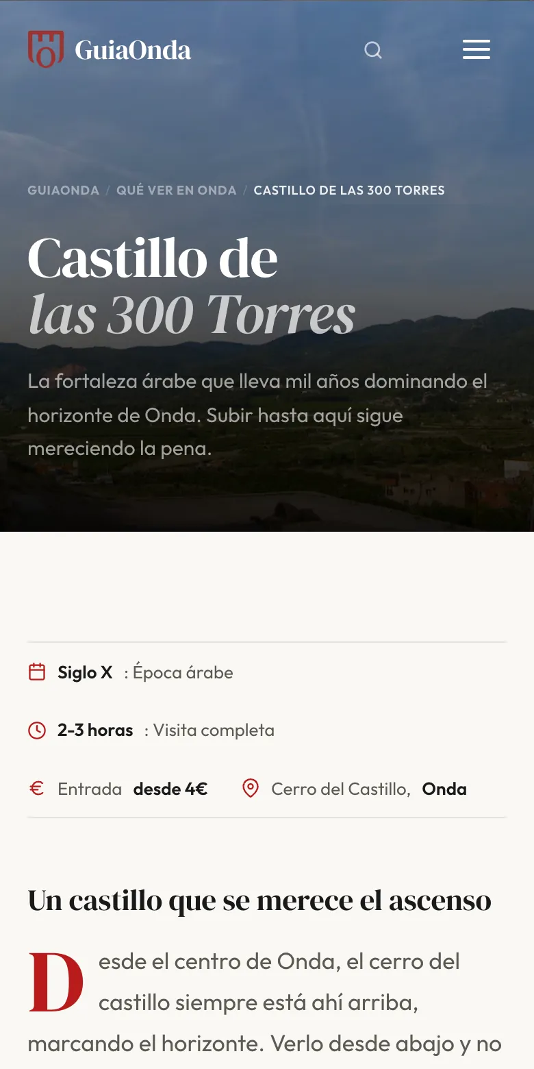 Ficha del Castillo de Onda de la web publicada en móvil
