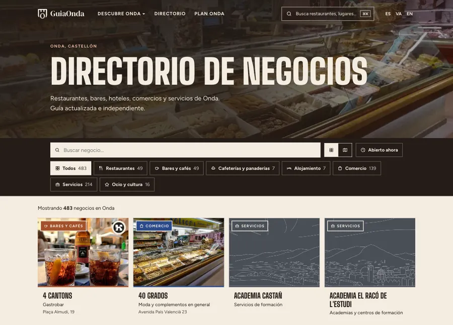 Plantilla de directorio de negocios: buscador y tarjetas