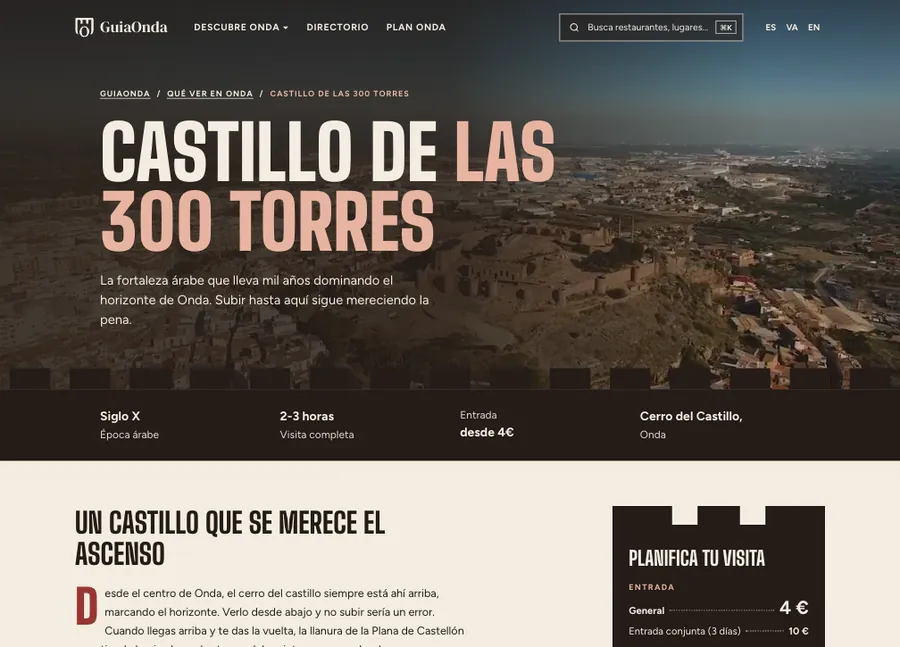 Plantilla de ficha de lugar: titular «Castillo de las 300 torres» y panel de visita