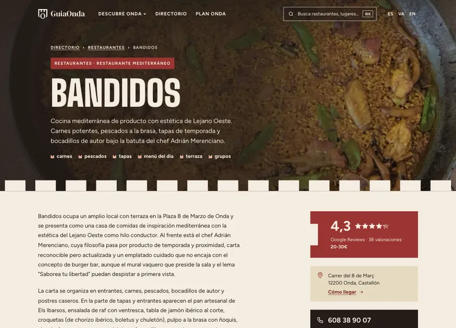 Plantilla de ficha de negocio: titular, valoración y horario