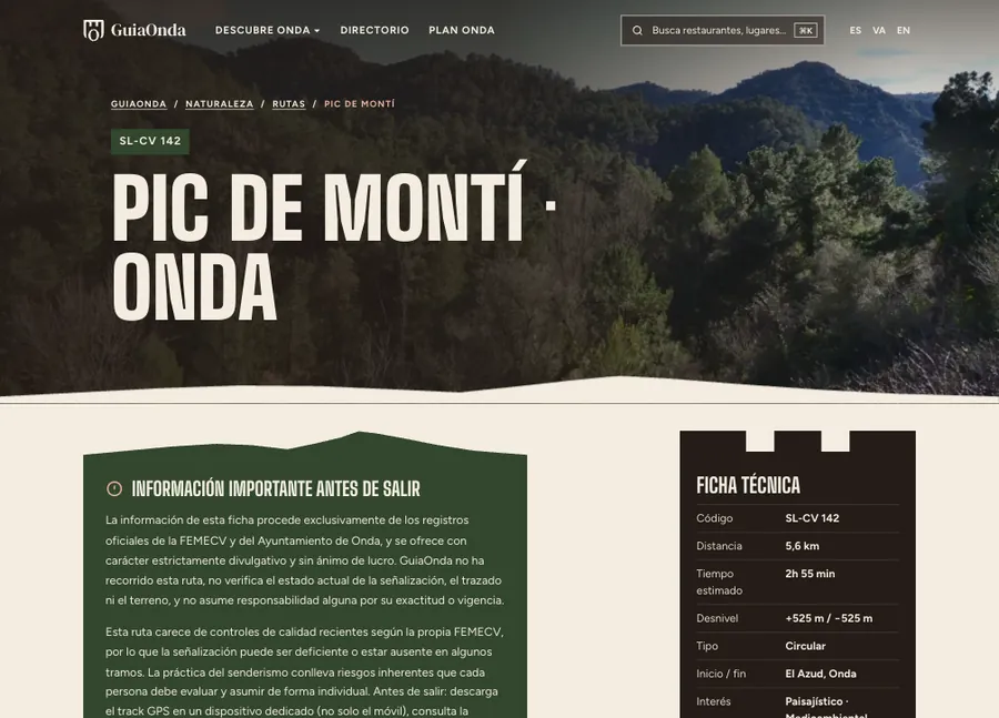 Plantilla de ruta de senderismo: titular, aviso y ficha técnica