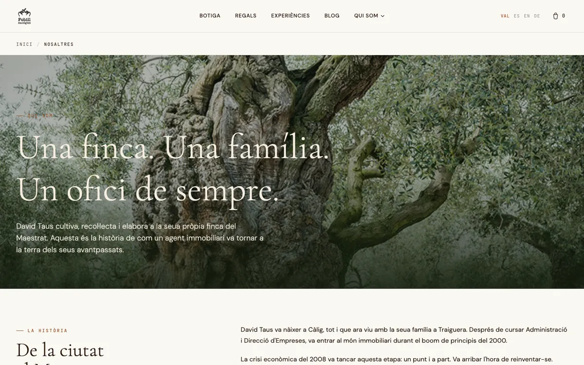 Página Nosaltres del rediseño: «Una finca. Una família. Un ofici de sempre»