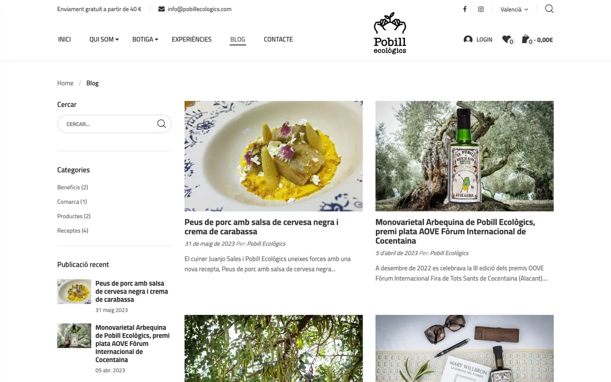 Blog de la web actual de Pobill con barra lateral y parrilla de artículos