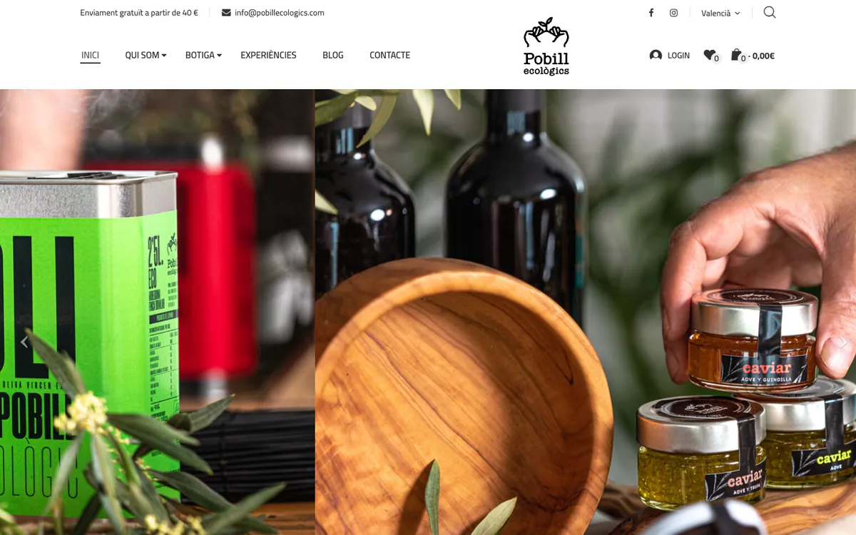Portada de la web actual de Pobill: cabecera con logo, un carrusel de fotos de producto y la sección «Els nostres productes»