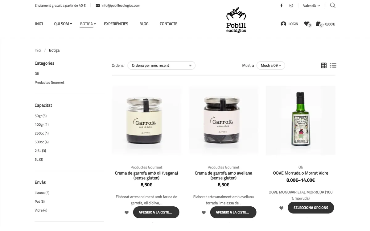 Tienda de la web actual de Pobill: filtros laterales y una parrilla de productos sobre fondo blanco
