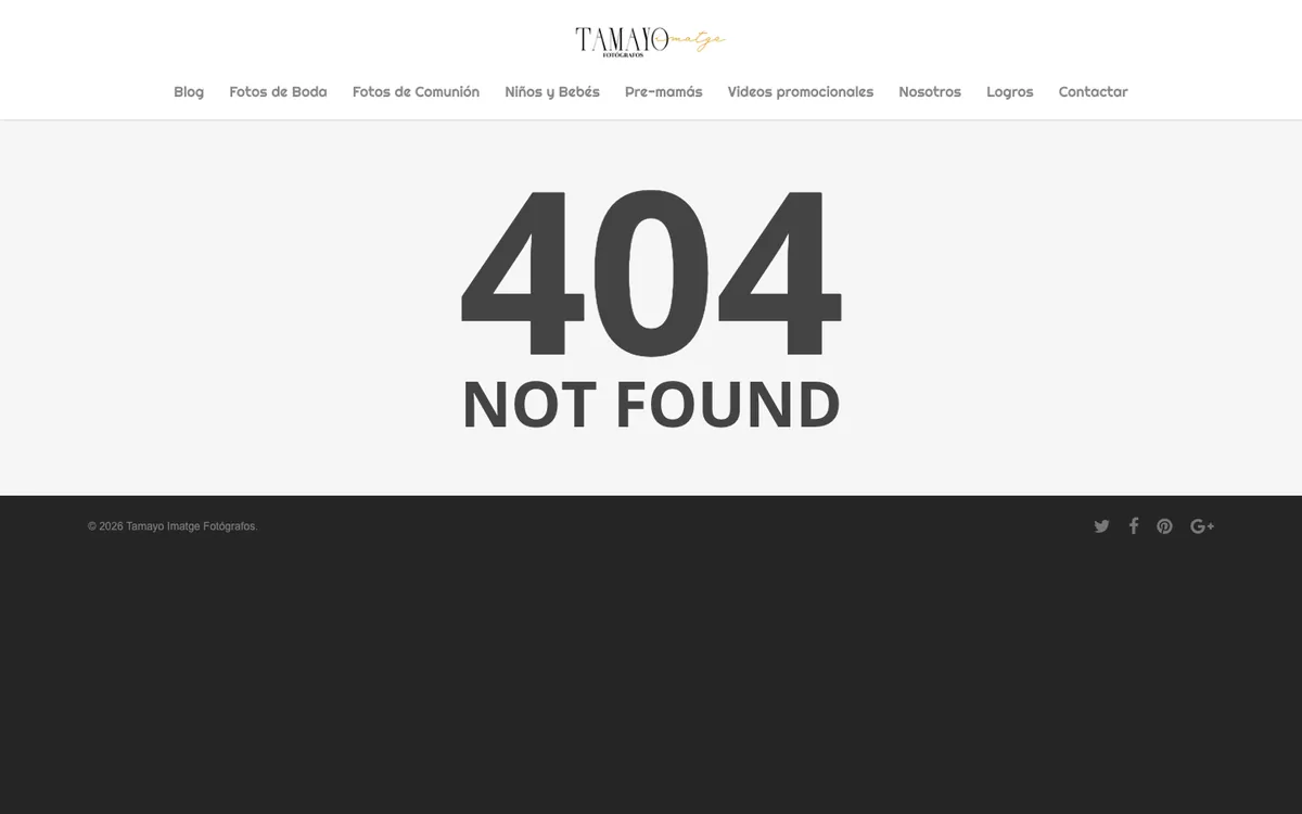 Página 404 de la web actual de Tamayoimatge: un aviso «404 not found»